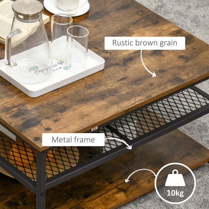Industrial Square Coffee Table with 3-Tier Storage Shelves - Rustic Brown