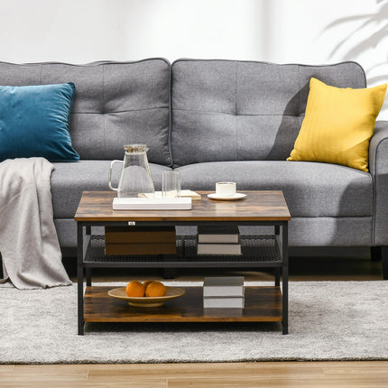 Industrial Square Coffee Table with 3-Tier Storage Shelves - Rustic Brown