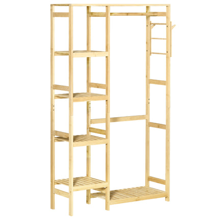 Bamboo Garment Rack with Hanging Rail, Storage Shelves & Side Hooks for Entryway, Bedroom, Bathroom, Office - Natural