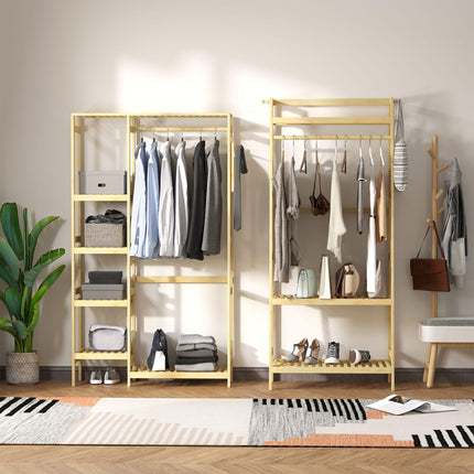 Bamboo Garment Rack with Hanging Rail, Storage Shelves & Side Hooks for Entryway, Bedroom, Bathroom, Office - Natural