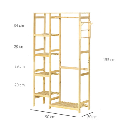 Bamboo Garment Rack with Hanging Rail, Storage Shelves & Side Hooks for Entryway, Bedroom, Bathroom, Office - Natural