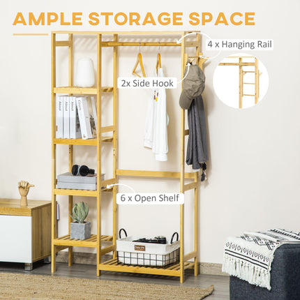 Bamboo Garment Rack with Hanging Rail, Storage Shelves & Side Hooks for Entryway, Bedroom, Bathroom, Office - Natural