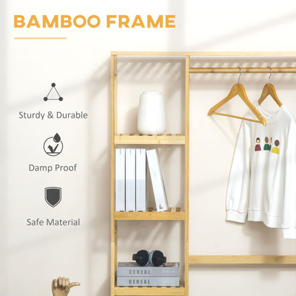 Bamboo Garment Rack with Hanging Rail, Storage Shelves & Side Hooks for Entryway, Bedroom, Bathroom, Office - Natural
