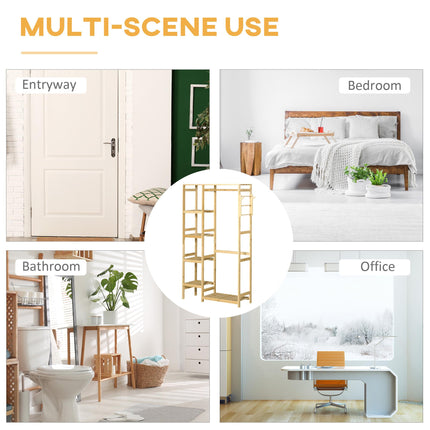 Bamboo Garment Rack with Hanging Rail, Storage Shelves & Side Hooks for Entryway, Bedroom, Bathroom, Office - Natural