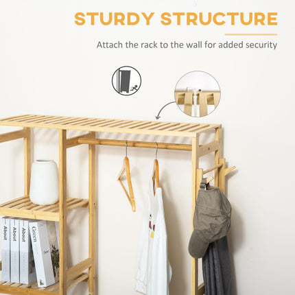 Bamboo Garment Rack with Hanging Rail, Storage Shelves & Side Hooks for Entryway, Bedroom, Bathroom, Office - Natural