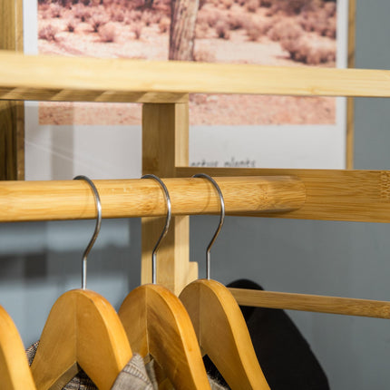 Bamboo Garment Rack with Hanging Rail, Storage Shelves & Side Hooks for Entryway, Bedroom, Bathroom, Office - Natural