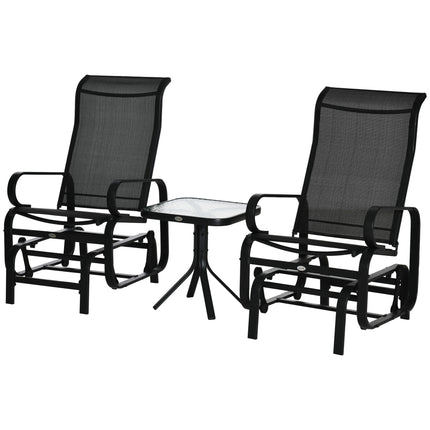 3 Piece Outdoor Gliding Rocking Chair Set with Tea Table - Black