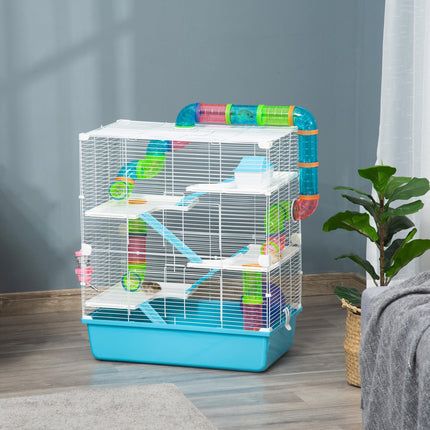 Hamster Cage with Exercise Wheel, Water Bottle, Tubes & Ramps - Light Blue