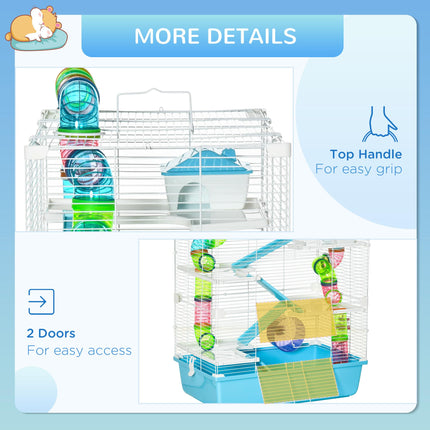 Hamster Cage with Exercise Wheel, Water Bottle, Tubes & Ramps - Light Blue