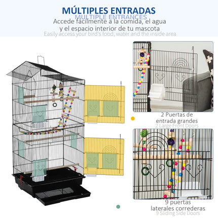 Bird Cage for Budgies Finches Canaries with Accessories and Toys 46x36x100 cm - Black