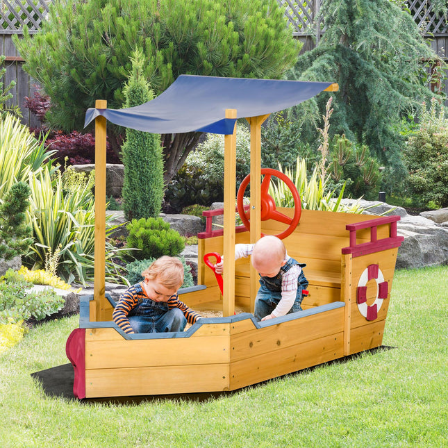 Kids Wooden Sandbox Play Station with Canopy Shade and Storage - Orange