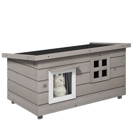 Elevated Wooden Outdoor Cat House with Openable Roof and Asphalt Roof Window - Grey