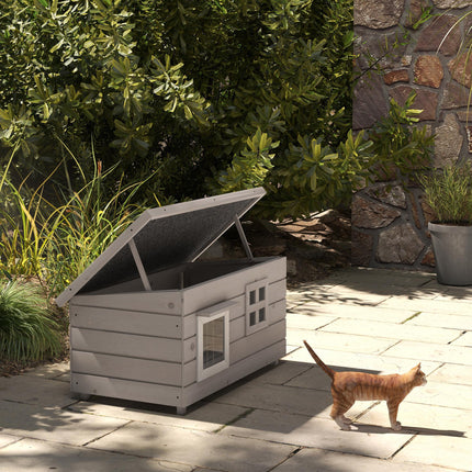 Elevated Wooden Outdoor Cat House with Openable Roof and Asphalt Roof Window - Grey