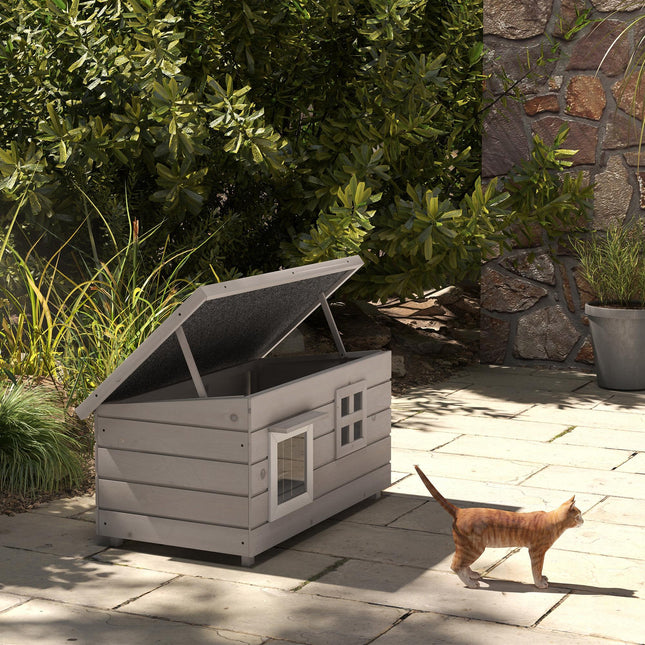 Elevated Wooden Outdoor Cat House with Openable Roof and Asphalt Roof Window - Grey