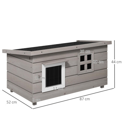 Elevated Wooden Outdoor Cat House with Openable Roof and Asphalt Roof Window - Grey