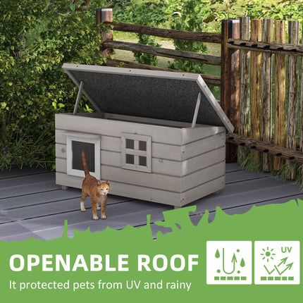 Elevated Wooden Outdoor Cat House with Openable Roof and Asphalt Roof Window - Grey