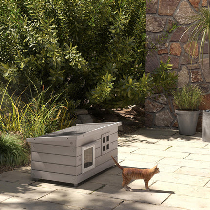 Elevated Wooden Outdoor Cat House with Openable Roof and Asphalt Roof Window - Grey