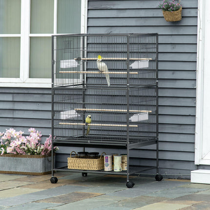Large Bird Cage for Budgie Finch Canaries Parakeet with Rolling Stand, Tray & Storage Shelf - Dark Grey