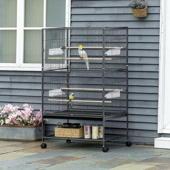 Large Bird Cage for Budgie Finch Canaries Parakeet with Rolling Stand, Tray & Storage Shelf - Dark Grey