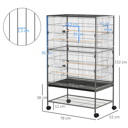Large Bird Cage for Budgie Finch Canaries Parakeet with Rolling Stand, Tray & Storage Shelf - Dark Grey