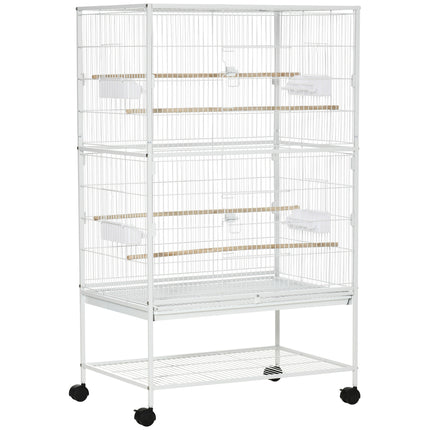 Large Bird Cage Aviary for Finches, Canaries & Budgies with Rolling Stand, Slide-out Tray & Storage Shelf - White
