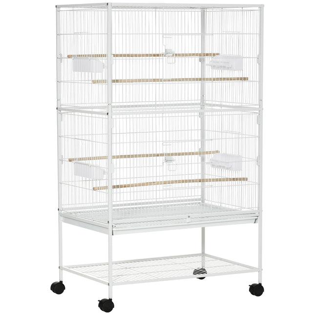 Large Bird Cage Aviary for Finches, Canaries & Budgies with Rolling Stand, Slide-out Tray & Storage Shelf - White