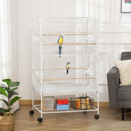 Large Bird Cage Aviary for Finches, Canaries & Budgies with Rolling Stand, Slide-out Tray & Storage Shelf - White
