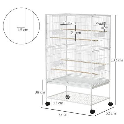 Large Bird Cage Aviary for Finches, Canaries & Budgies with Rolling Stand, Slide-out Tray & Storage Shelf - White