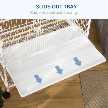 Large Bird Cage Aviary for Finches, Canaries & Budgies with Rolling Stand, Slide-out Tray & Storage Shelf - White