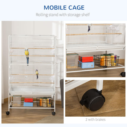 Large Bird Cage Aviary for Finches, Canaries & Budgies with Rolling Stand, Slide-out Tray & Storage Shelf - White