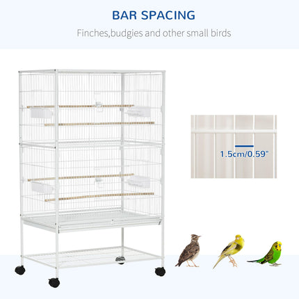 Large Bird Cage Aviary for Finches, Canaries & Budgies with Rolling Stand, Slide-out Tray & Storage Shelf - White