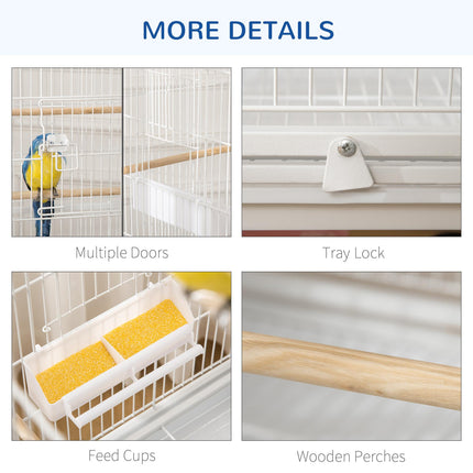 Large Bird Cage Aviary for Finches, Canaries & Budgies with Rolling Stand, Slide-out Tray & Storage Shelf - White