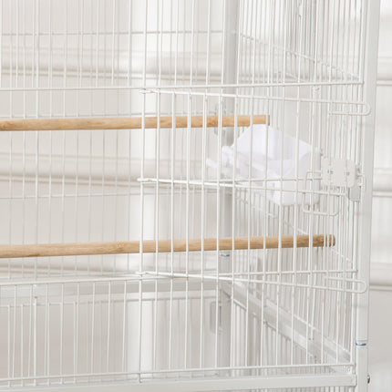 Large Bird Cage Aviary for Finches, Canaries & Budgies with Rolling Stand, Slide-out Tray & Storage Shelf - White