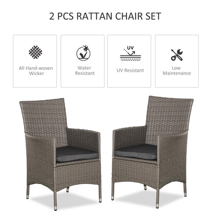 2 Seater Outdoor Rattan Armchair Dining Chair with Cushions and Armrests - Grey