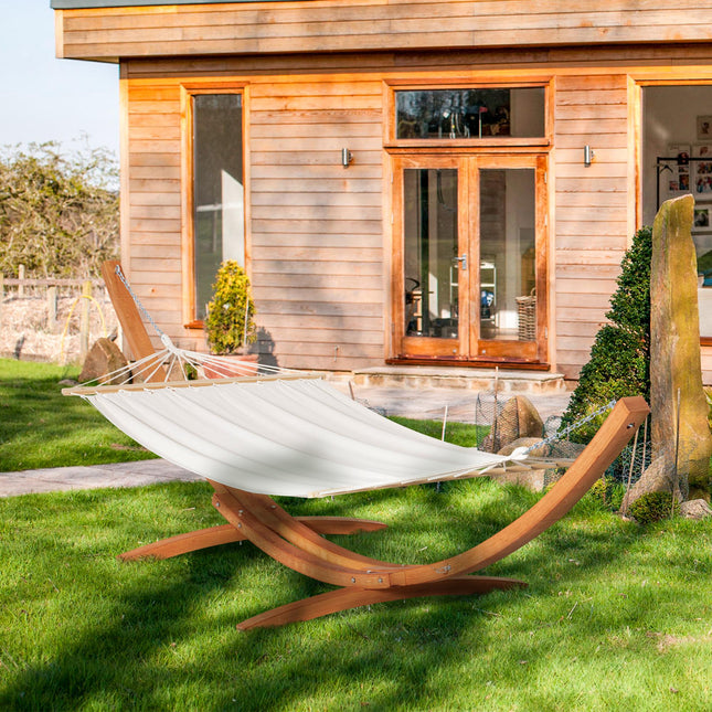 Single Outdoor Garden Hammock with Wooden Stand Cotton Fabric - White