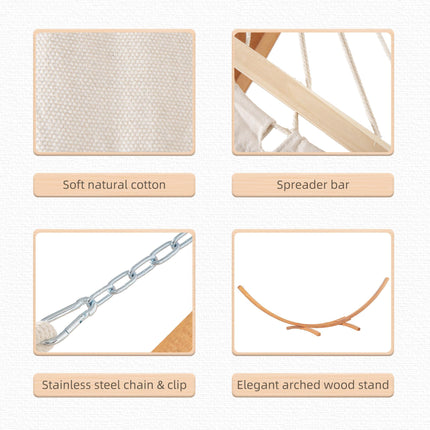 Single Outdoor Garden Hammock with Wooden Stand Cotton Fabric - White