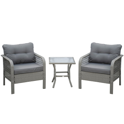 2 Seater Patio PE Rattan Bistro Set with Cushions and Tempered Glass Table - Grey