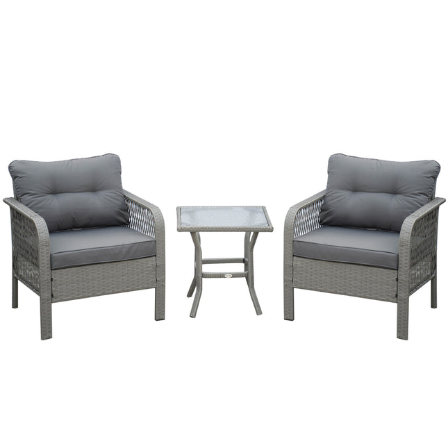 2 Seater Patio PE Rattan Bistro Set with Cushions and Tempered Glass Table - Grey
