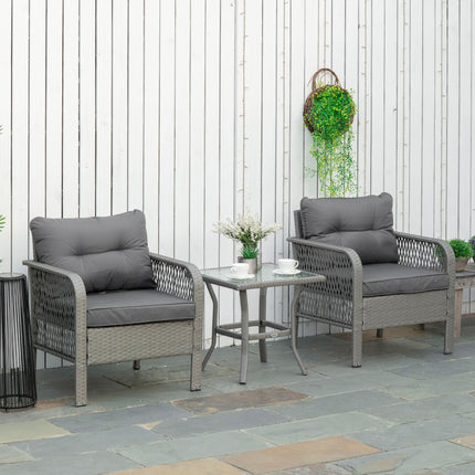 2 Seater Patio PE Rattan Bistro Set with Cushions and Tempered Glass Table - Grey