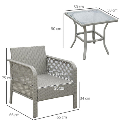 2 Seater Patio PE Rattan Bistro Set with Cushions and Tempered Glass Table - Grey