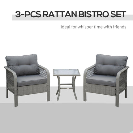 2 Seater Patio PE Rattan Bistro Set with Cushions and Tempered Glass Table - Grey