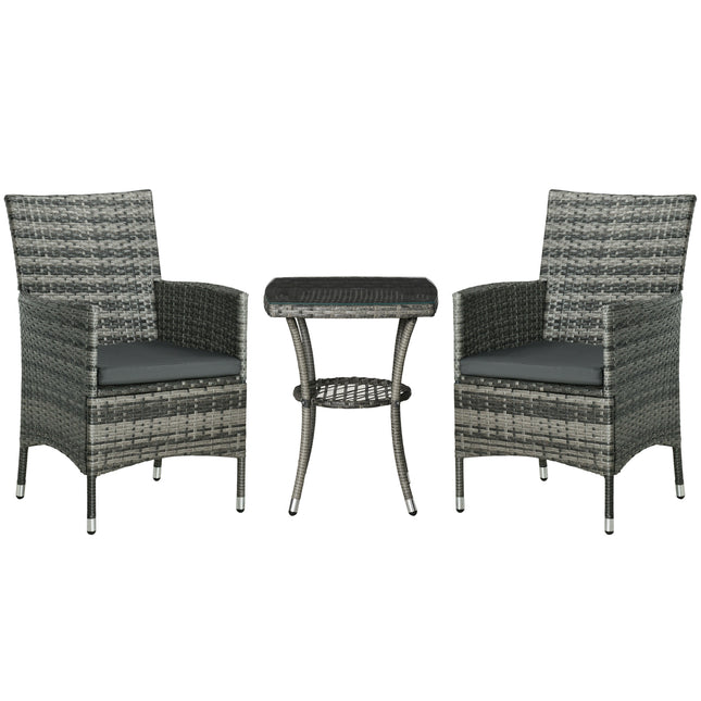 3 Piece Rattan Garden Bistro Set with Cushions - Light Grey