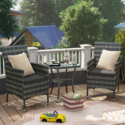 3 Piece Rattan Garden Bistro Set with Cushions - Light Grey