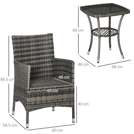 3 Piece Rattan Garden Bistro Set with Cushions - Light Grey