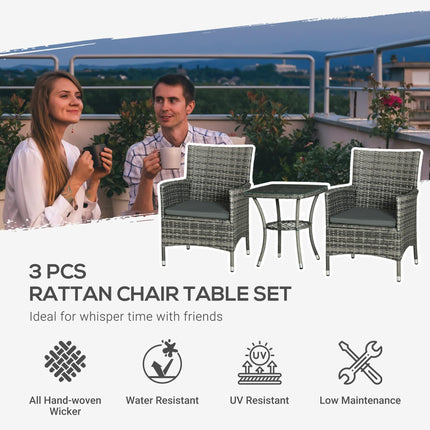3 Piece Rattan Garden Bistro Set with Cushions - Light Grey
