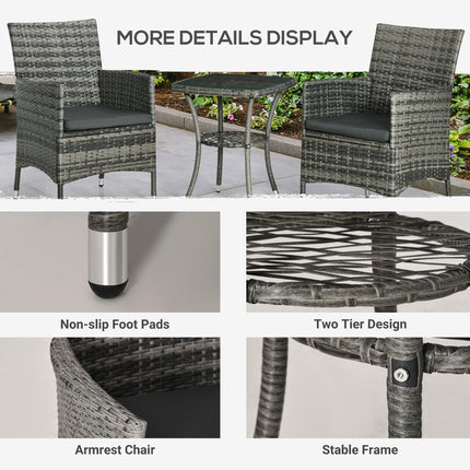 3 Piece Rattan Garden Bistro Set with Cushions - Light Grey
