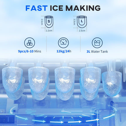 Countertop Ice Maker Machine with 3L Water Dispenser Tank - Silver