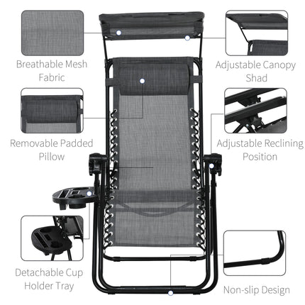 Zero Gravity Folding Garden Deck Chair with Reclining Seat, Cup Holder & Canopy Shade - Grey