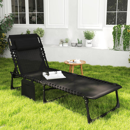Portable Folding Sun Lounger with 5-Position Adjustable Backrest and Side Pocket - Black