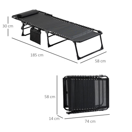 Portable Folding Sun Lounger with 5-Position Adjustable Backrest and Side Pocket - Black
